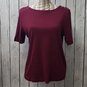 Karen Scott Petites Gold Buttons Detail Elbow Sleeve Cotton Tee Top, Size PL